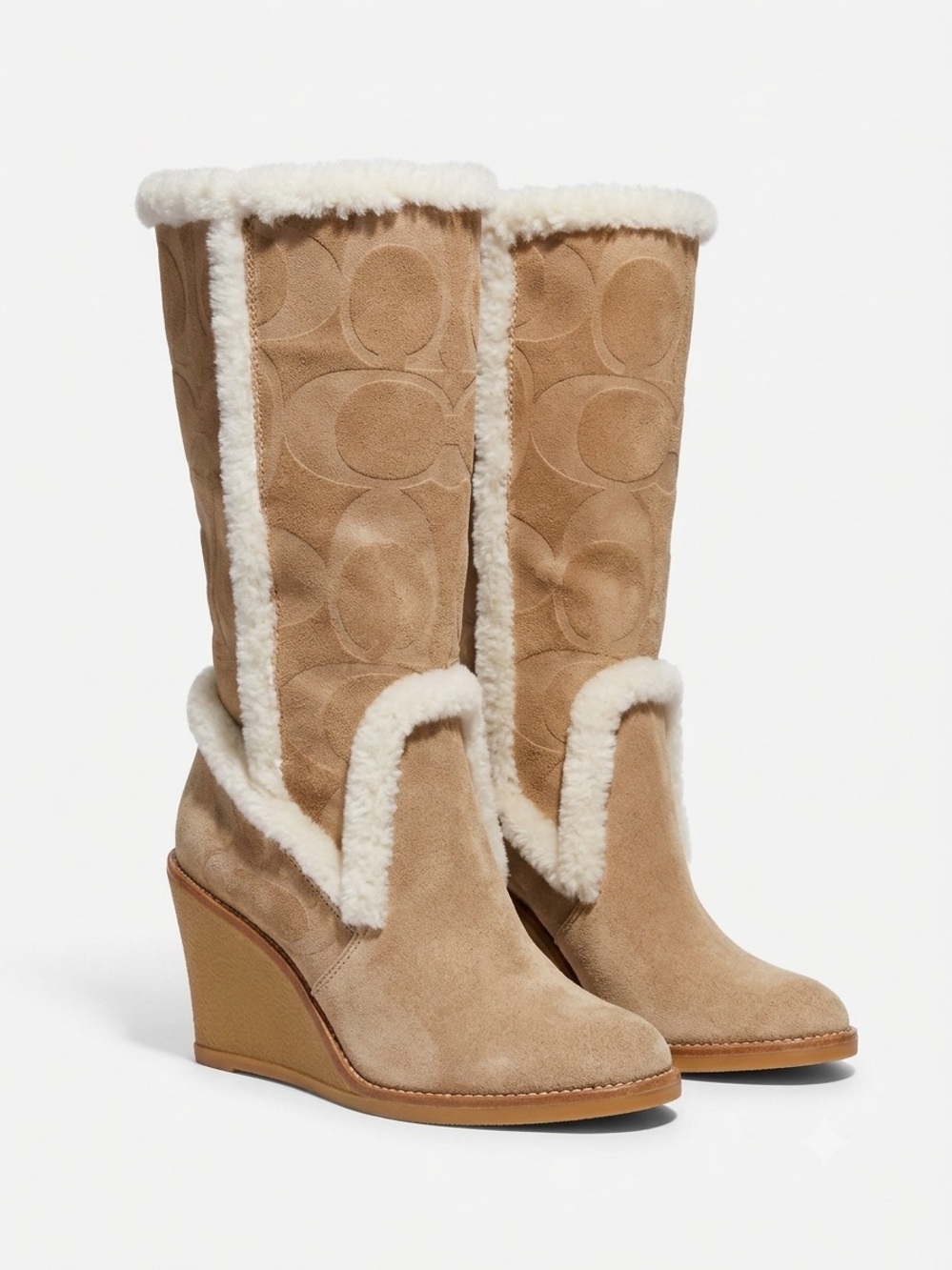 Coach Tan Suede Wedge Shearling Mid-Calf Boots